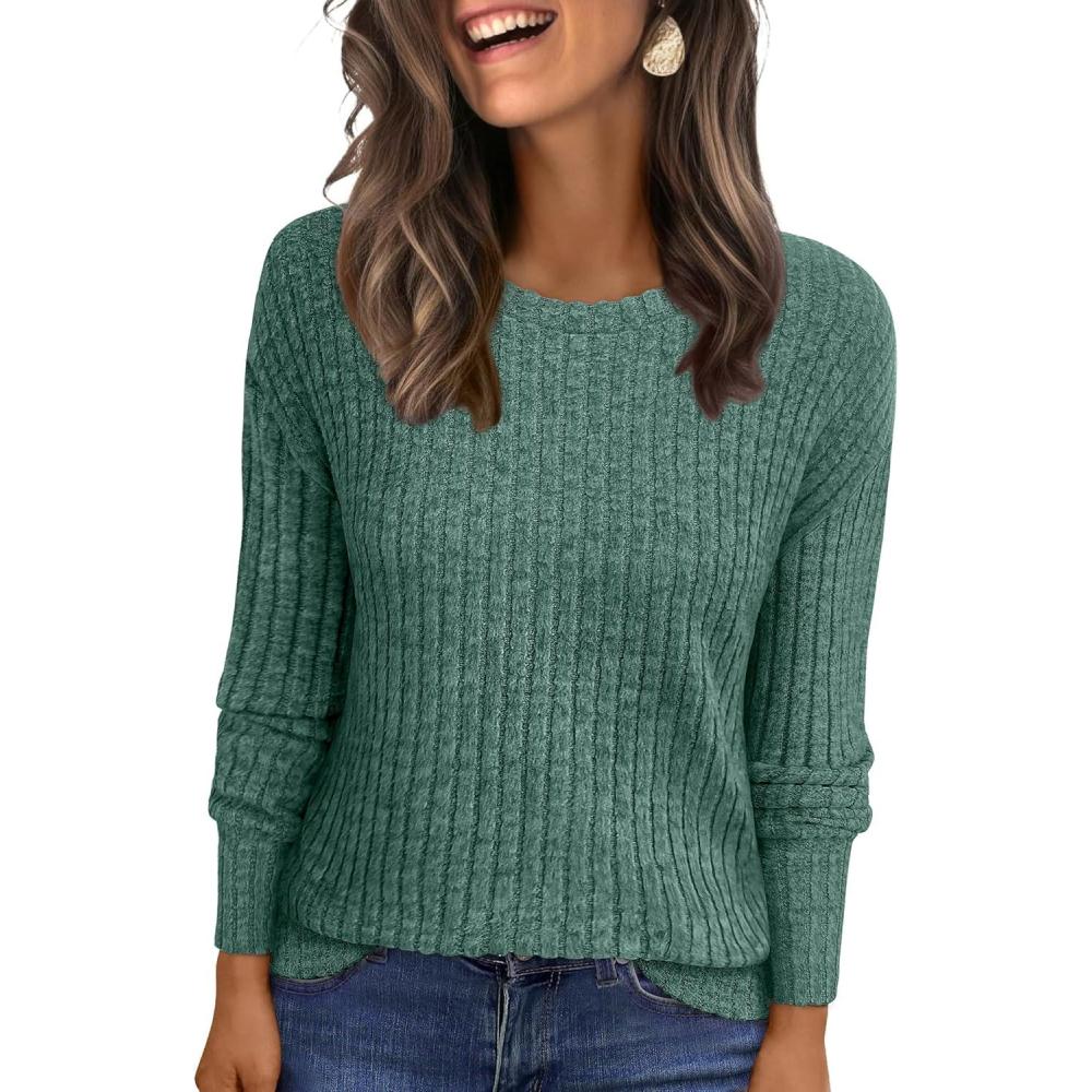 imageANRABESS Women Long Sleeve Shirts Business Casual Tunic Tops Fall Lightweight Sweaters Dressy Blouses 2025 Fashion OutfitsGreen