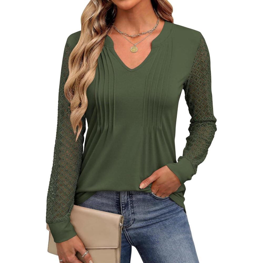 imageANRABESS Women Long Sleeve Shirts V Neck Pleated Tunic Top Business Dressy Casual Blouse 2025 Fall Fashion OutfitsArmy Green