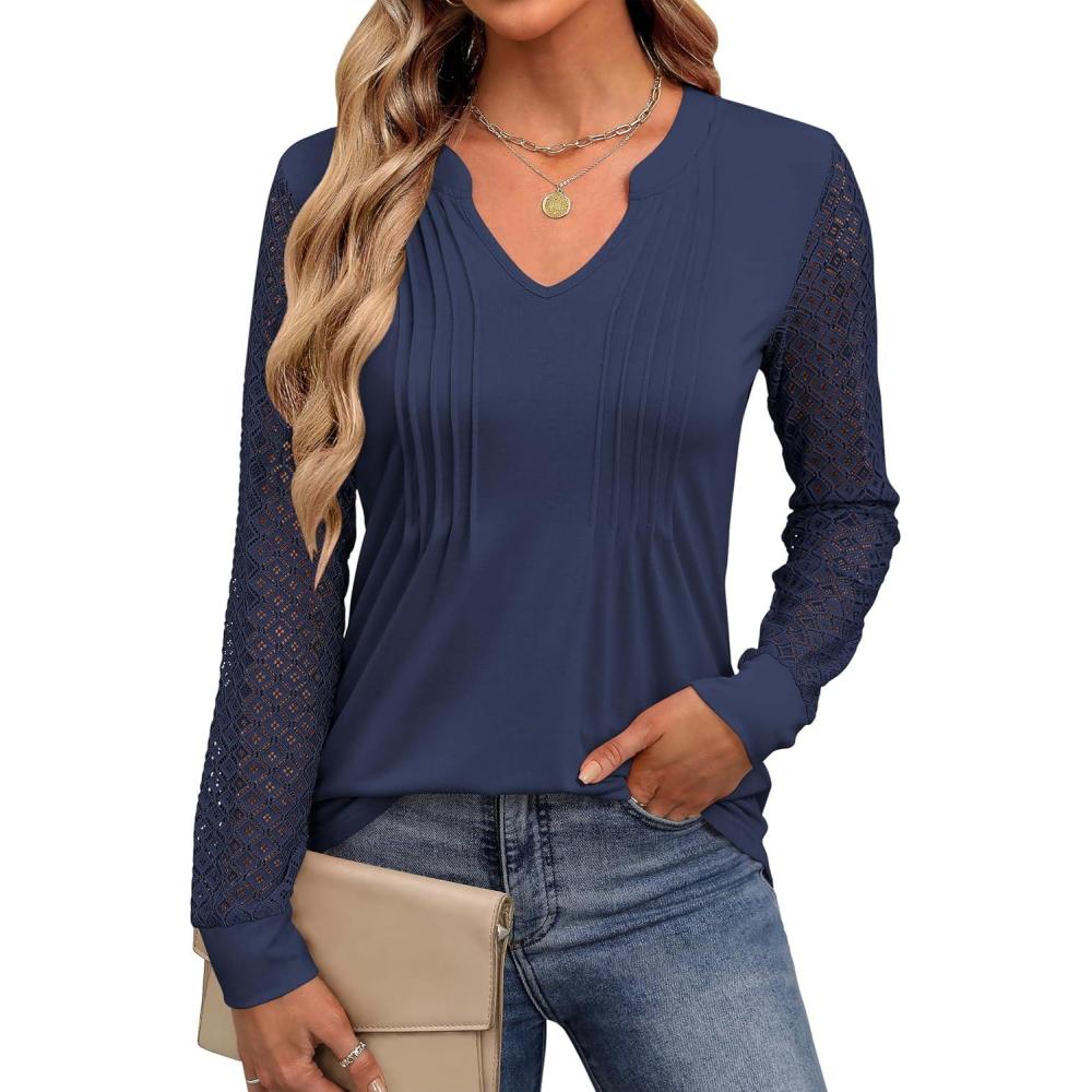 imageANRABESS Women Long Sleeve Shirts V Neck Pleated Tunic Top Business Dressy Casual Blouse 2025 Fall Fashion OutfitsNavy Blue