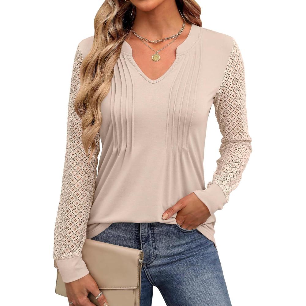 imageANRABESS Women Long Sleeve Shirts V Neck Pleated Tunic Top Business Dressy Casual Blouse 2025 Fall Fashion OutfitsOatmeal
