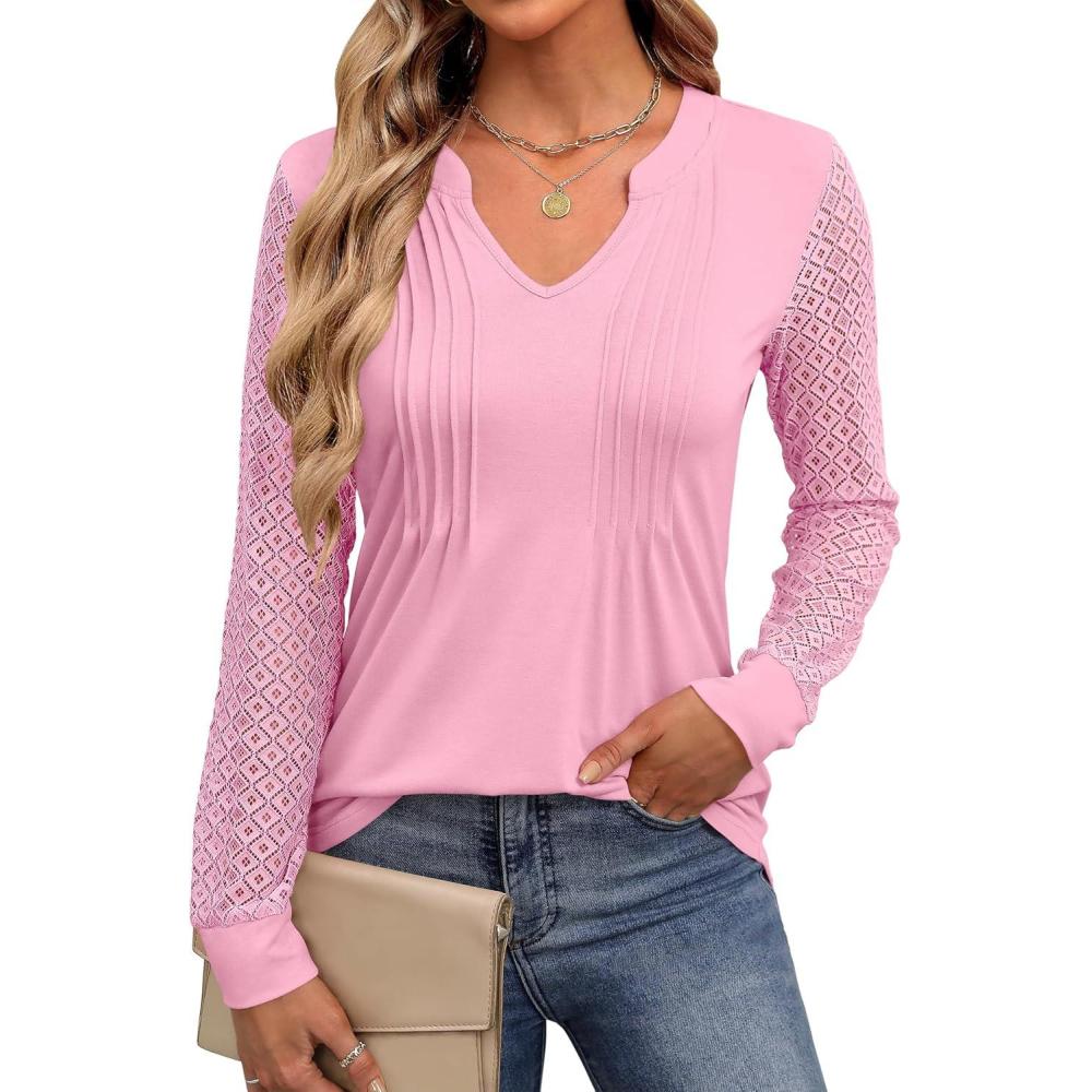 imageANRABESS Women Long Sleeve Shirts V Neck Pleated Tunic Top Business Dressy Casual Blouse 2025 Fall Fashion OutfitsPink