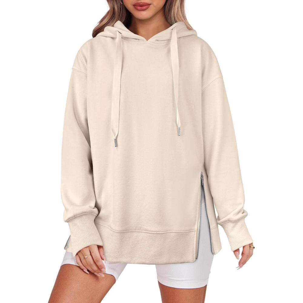 imageANRABESS Women Oversized Hoodies Side Zipper Fleece Long Sweatshirts Lightweight Tunic Pullover 2025 Fall Trendy ClothesApricot