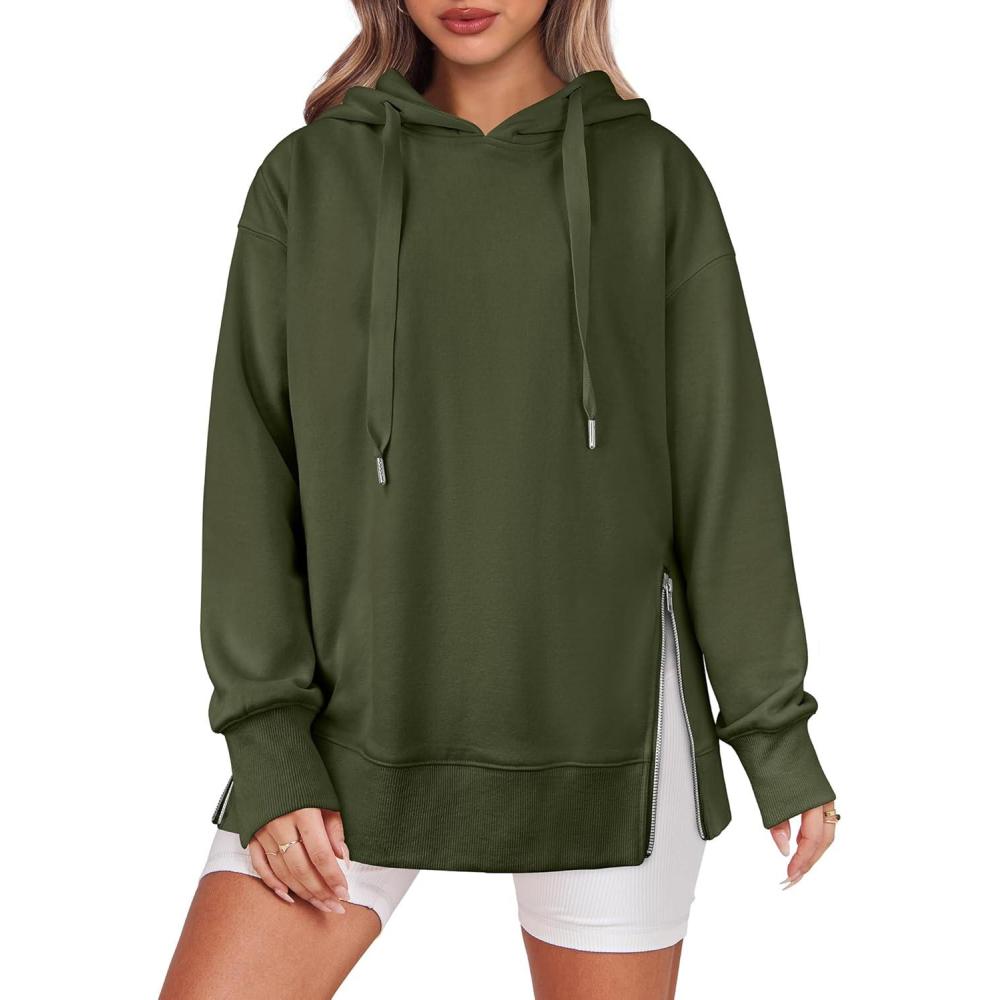imageANRABESS Women Oversized Hoodies Side Zipper Fleece Long Sweatshirts Lightweight Tunic Pullover 2025 Fall Trendy ClothesArmy Green