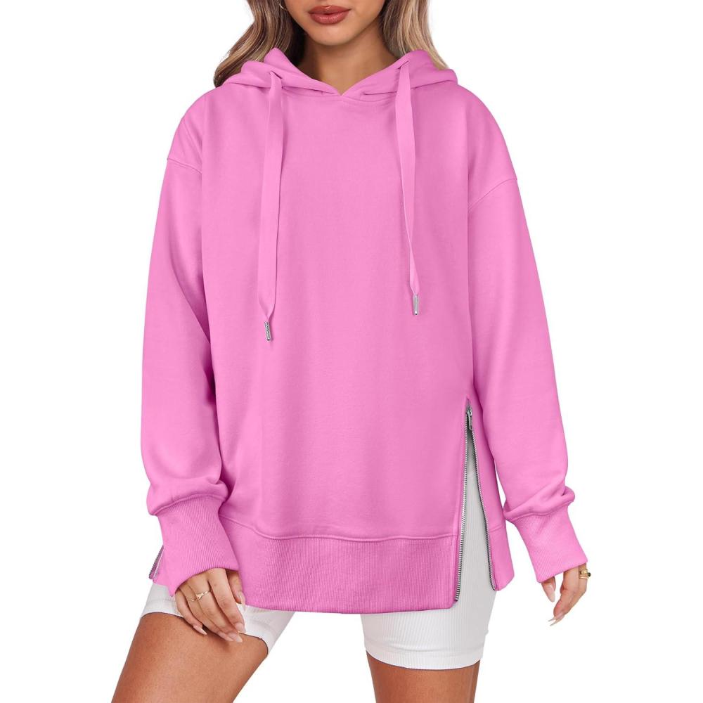 imageANRABESS Women Oversized Hoodies Side Zipper Fleece Long Sweatshirts Lightweight Tunic Pullover 2025 Fall Trendy ClothesPink