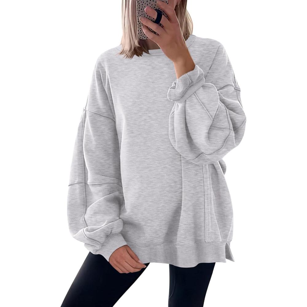 imageANRABESS Women Oversized Long Sleeve Sweatshirts Crewneck Side Slit Loose Teen Girl Pullover Top 2025 Fall Y2K Trendy Outfits Light Grey XLarge