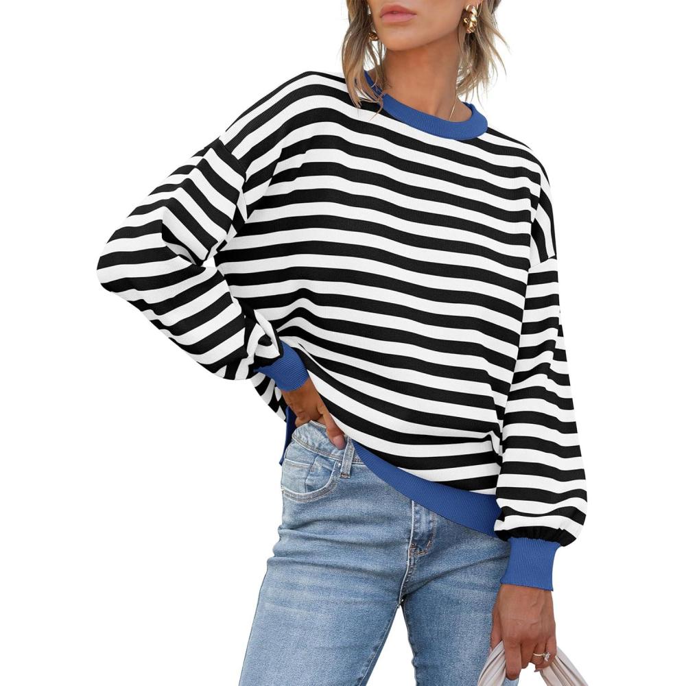 imageANRABESS Women Oversized Striped Sweaters Long Sleeve Crewneck Casual Side Slit Pullover Tops 2025 Fall Winter Trendy OutfitsBlack White