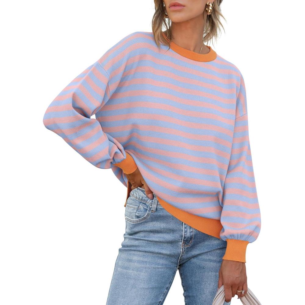 imageANRABESS Women Oversized Striped Sweaters Long Sleeve Crewneck Casual Side Slit Pullover Tops 2025 Fall Winter Trendy OutfitsBlue Orange