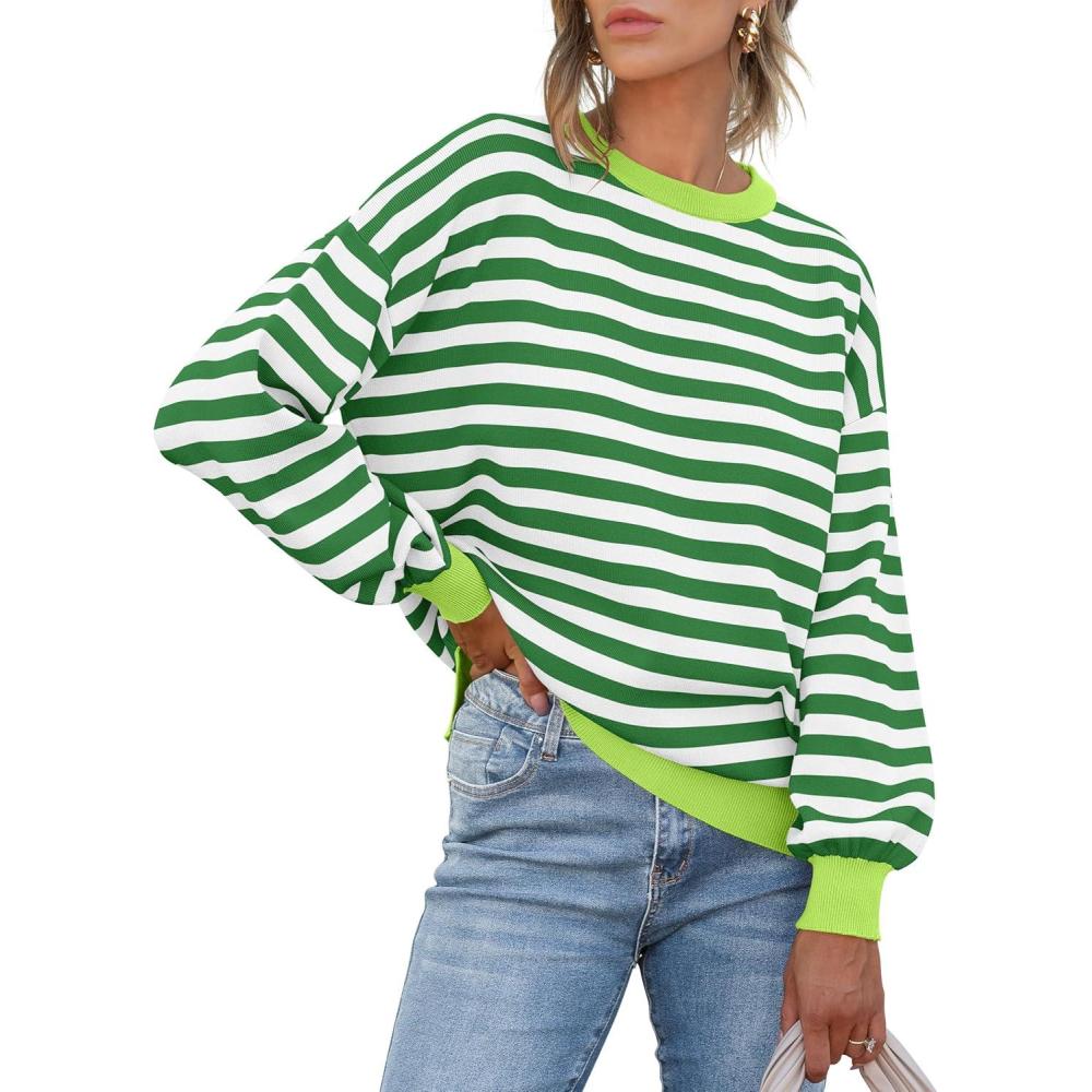 imageANRABESS Women Oversized Striped Sweaters Long Sleeve Crewneck Casual Side Slit Pullover Tops 2025 Fall Winter Trendy OutfitsGreen White