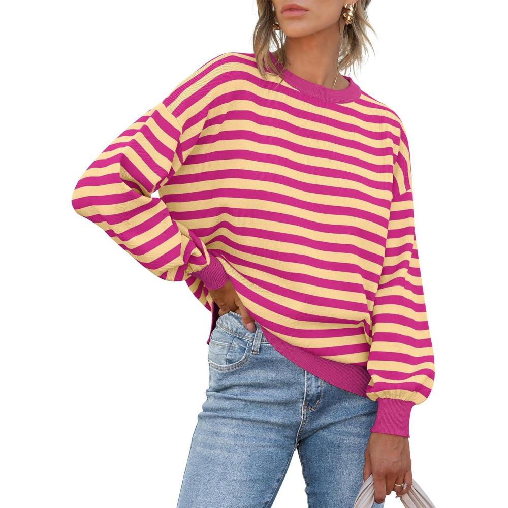 imageANRABESS Women Oversized Striped Sweaters Long Sleeve Crewneck Casual Side Slit Pullover Tops 2025 Fall Winter Trendy OutfitsHot Pink Yellow