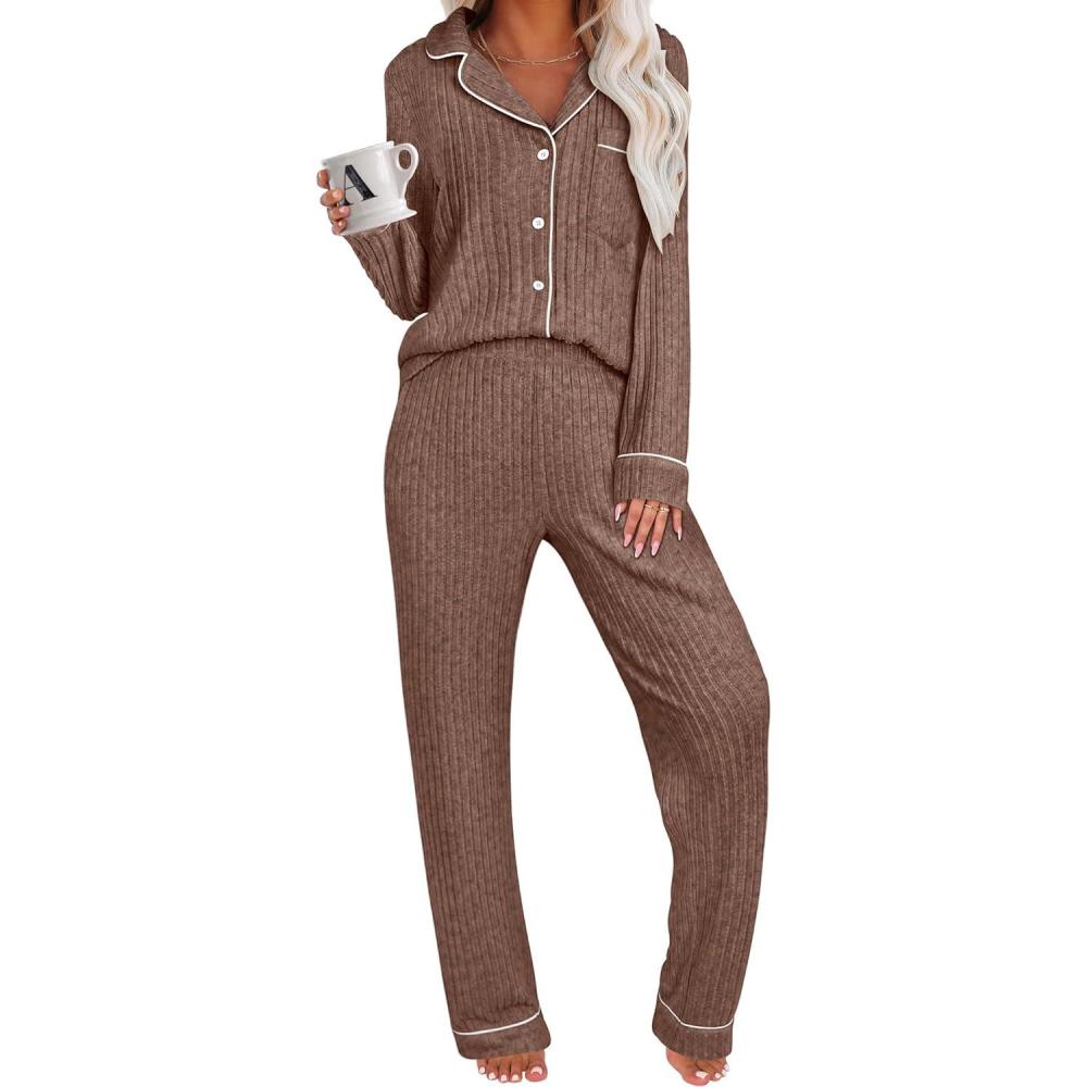 imageANRABESS Women Pajama Lounge Sets 2025 Fall 2 Piece Outfits Ribbed Long Sleeve Matching PJ Set Sleepwear LoungewearBrown