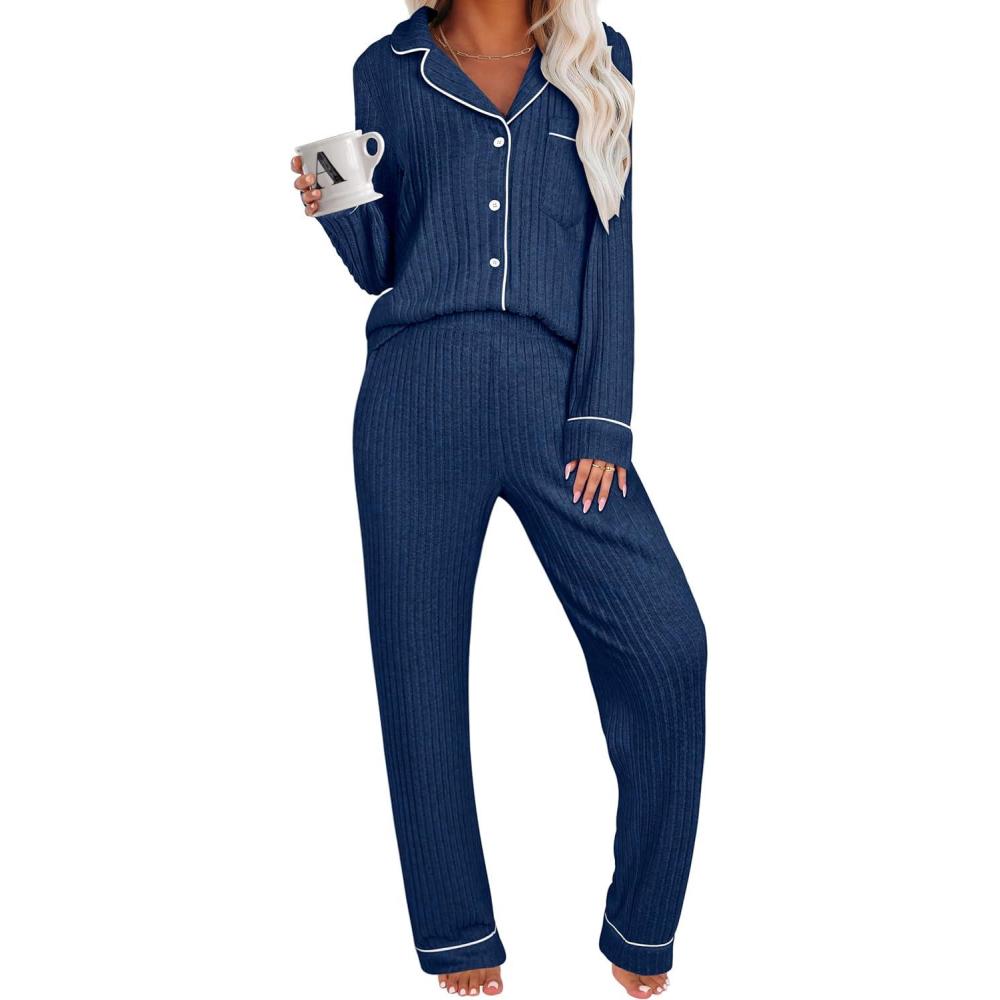 imageANRABESS Women Pajama Lounge Sets 2025 Fall 2 Piece Outfits Ribbed Long Sleeve Matching PJ Set Sleepwear LoungewearDeep Blue