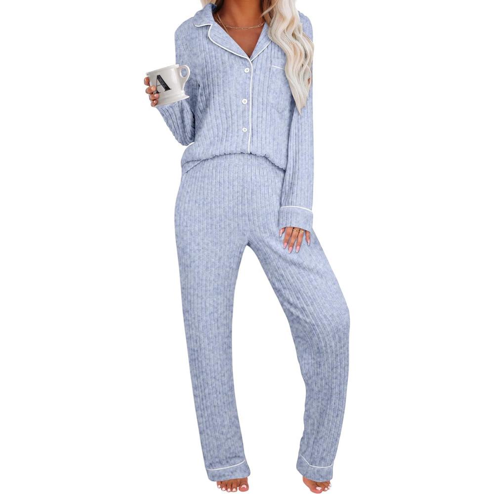 imageANRABESS Women Pajama Lounge Sets 2025 Fall 2 Piece Outfits Ribbed Long Sleeve Matching PJ Set Sleepwear LoungewearLight Blue