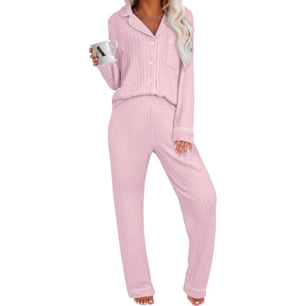 imageANRABESS Women Pajama Lounge Sets 2025 Fall 2 Piece Outfits Ribbed Long Sleeve Matching PJ Set Sleepwear LoungewearPink