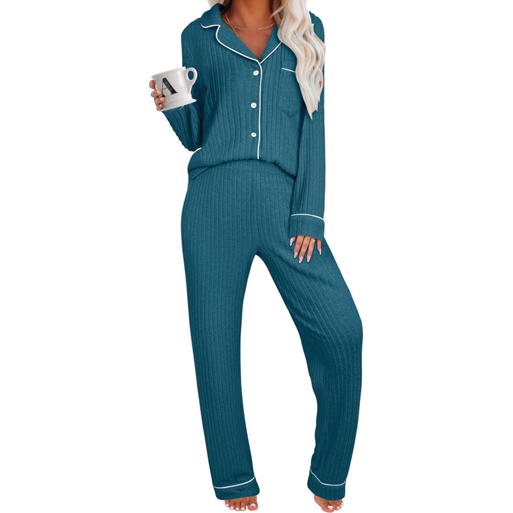 imageANRABESS Women Pajama Lounge Sets 2025 Fall 2 Piece Outfits Ribbed Long Sleeve Matching PJ Set Sleepwear LoungewearTeal