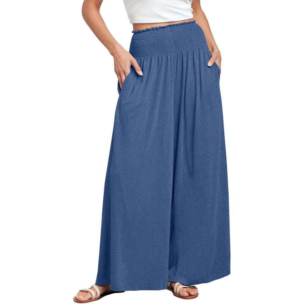 imageANRABESS Women Palazzo Pants Summer Boho Bagyy Wide Leg High Smocked Waist Casual Loose Lounge Pant with PocketBlue