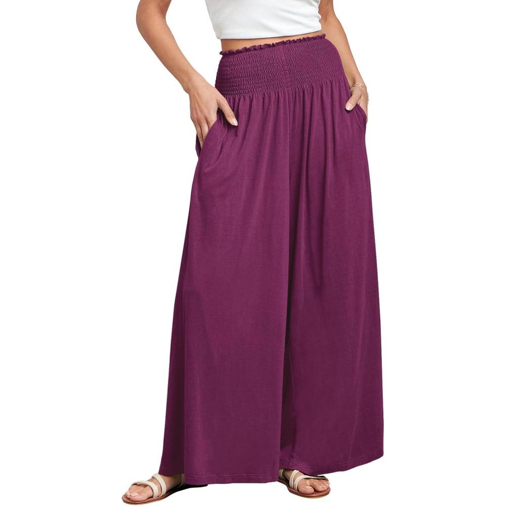 imageANRABESS Women Palazzo Pants Summer Boho Bagyy Wide Leg High Smocked Waist Casual Loose Lounge Pant with PocketDark Purple