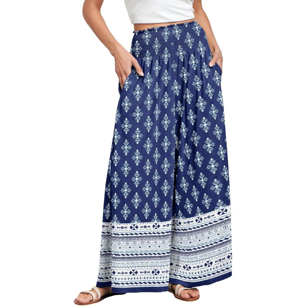 imageANRABESS Women Palazzo Pants Summer Boho Bagyy Wide Leg High Smocked Waist Casual Loose Lounge Pant with PocketFloral Blue Diamond
