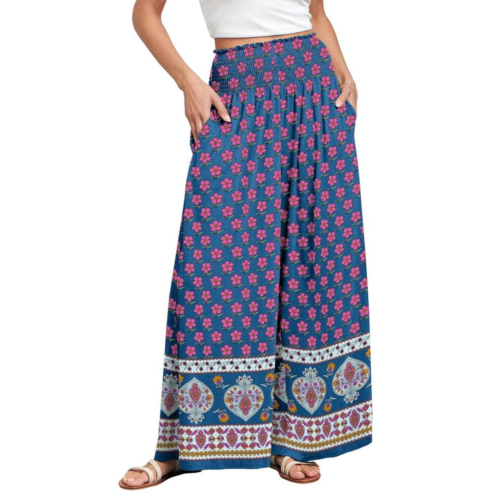 imageANRABESS Women Palazzo Pants Summer Boho Bagyy Wide Leg High Smocked Waist Casual Loose Lounge Pant with PocketFloral Pink Blue
