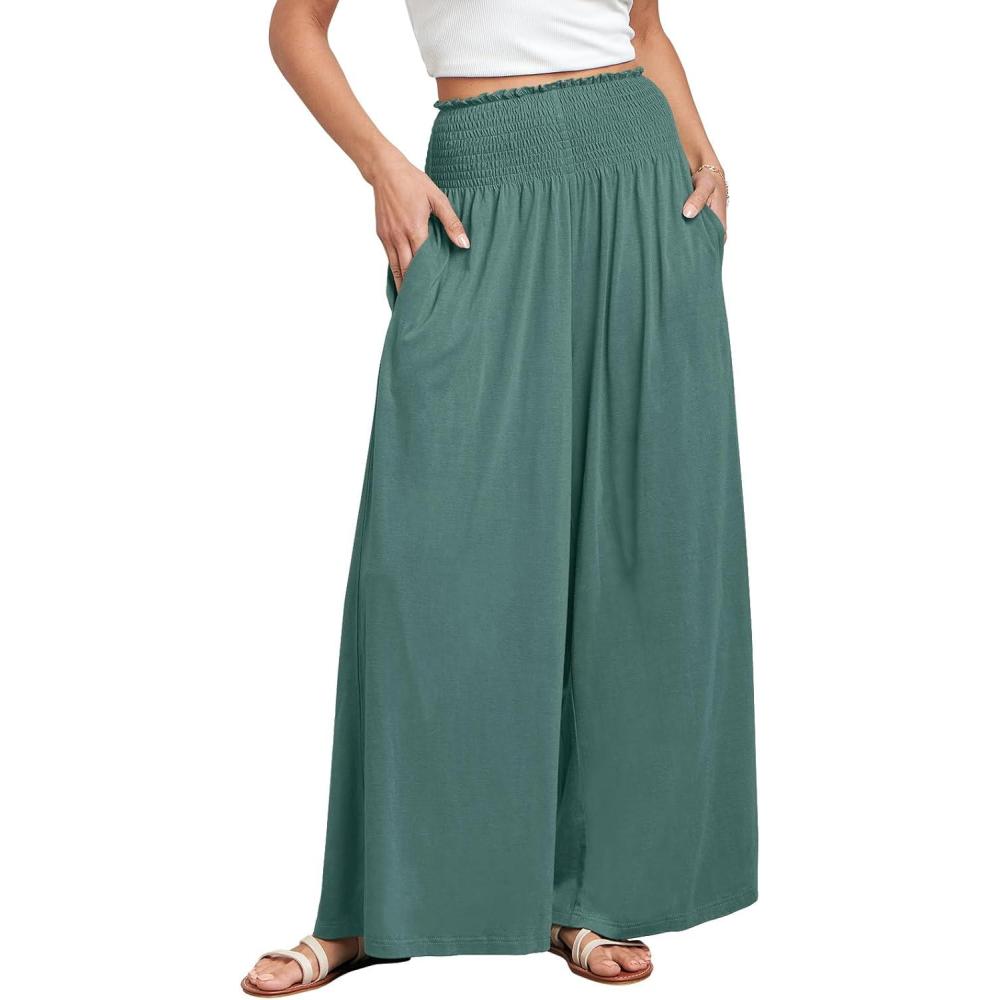 imageANRABESS Women Palazzo Pants Summer Boho Bagyy Wide Leg High Smocked Waist Casual Loose Lounge Pant with PocketGrass