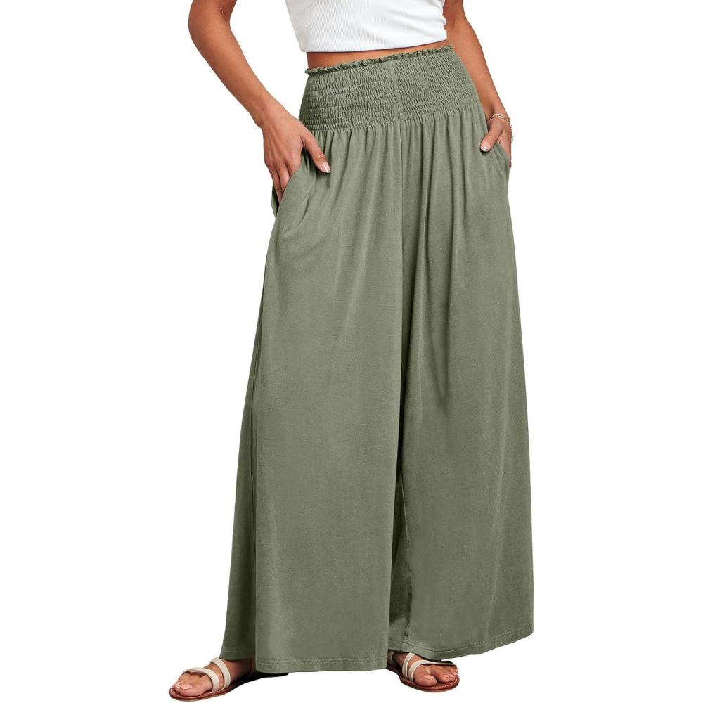imageANRABESS Women Palazzo Pants Summer Boho Bagyy Wide Leg High Smocked Waist Casual Loose Lounge Pant with PocketOlive