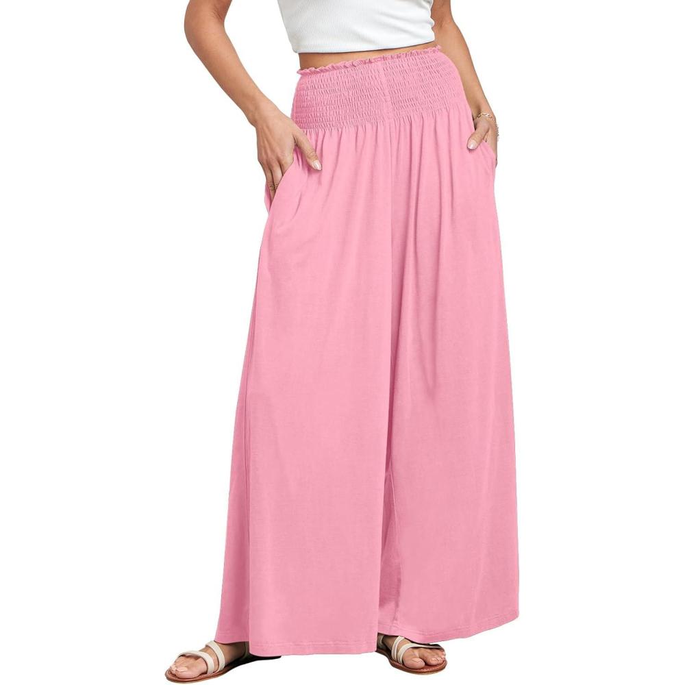 imageANRABESS Women Palazzo Pants Summer Boho Bagyy Wide Leg High Smocked Waist Casual Loose Lounge Pant with PocketPink