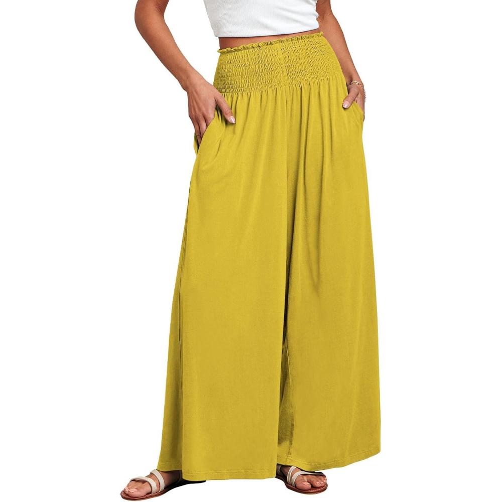 imageANRABESS Women Palazzo Pants Summer Boho Bagyy Wide Leg High Smocked Waist Casual Loose Lounge Pant with PocketYellow