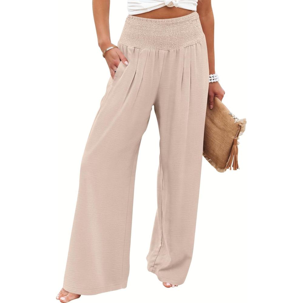 imageANRABESS Women Palazzo Pants Summer Flowy Wide Leg High Waist Lounge Trousers with Pockets 2025 Casual Beach Vacation OutfitsAlmond