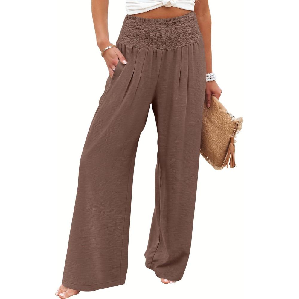 imageANRABESS Women Palazzo Pants Summer Flowy Wide Leg High Waist Lounge Trousers with Pockets 2025 Casual Beach Vacation OutfitsCoffee