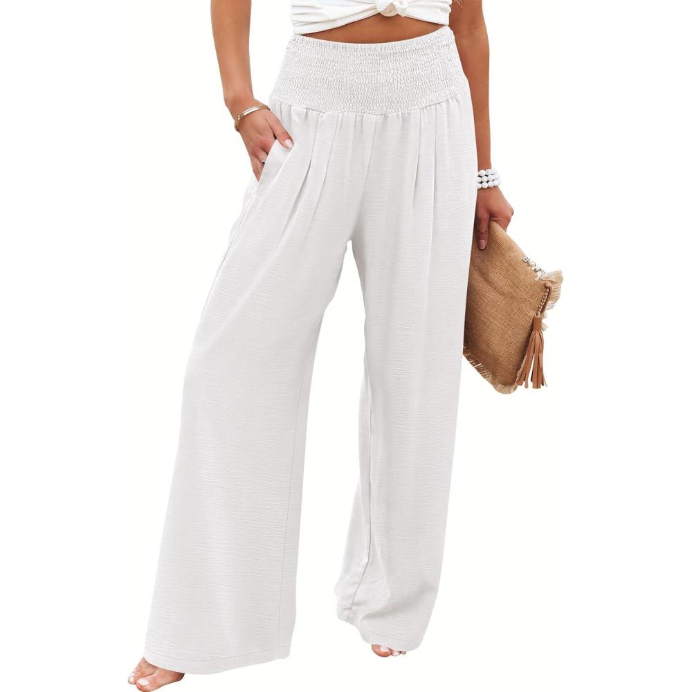 imageANRABESS Women Palazzo Pants Summer Flowy Wide Leg High Waist Lounge Trousers with Pockets 2025 Casual Beach Vacation OutfitsWhite