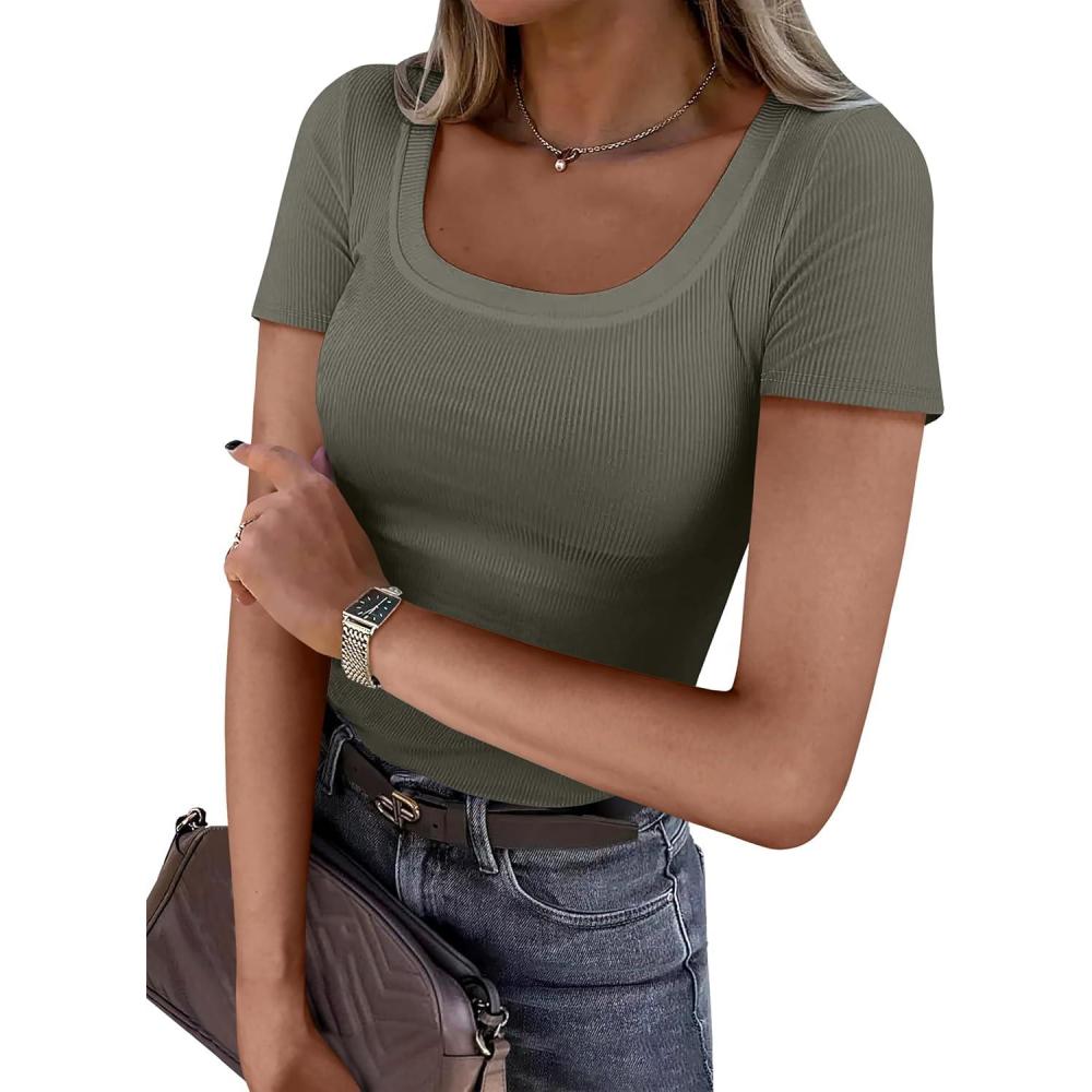 imageANRABESS Women Short Sleeve Tops Scoop Neck Ribbed Knit Slim Fitted Basic Tee Shirts Casual Summer Clothes 2025 Fall OutfitsArmy Green