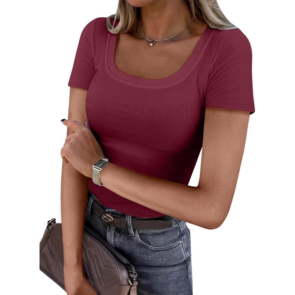 imageANRABESS Women Short Sleeve Tops Scoop Neck Ribbed Knit Slim Fitted Basic Tee Shirts Casual Summer Clothes 2025 Fall OutfitsDeep Red