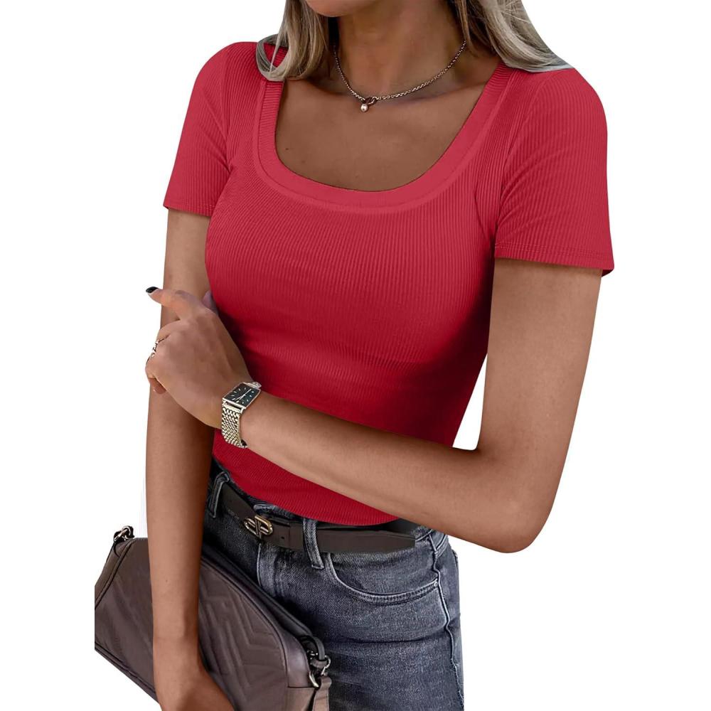 imageANRABESS Women Short Sleeve Tops Scoop Neck Ribbed Knit Slim Fitted Basic Tee Shirts Casual Summer Clothes 2025 Fall OutfitsRed