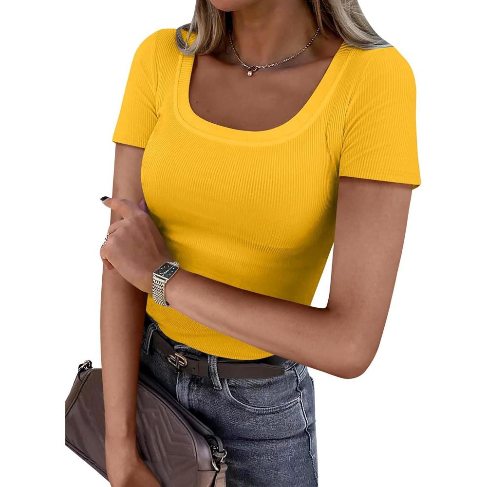imageANRABESS Women Short Sleeve Tops Scoop Neck Ribbed Knit Slim Fitted Basic Tee Shirts Casual Summer Clothes 2025 Fall OutfitsYellow