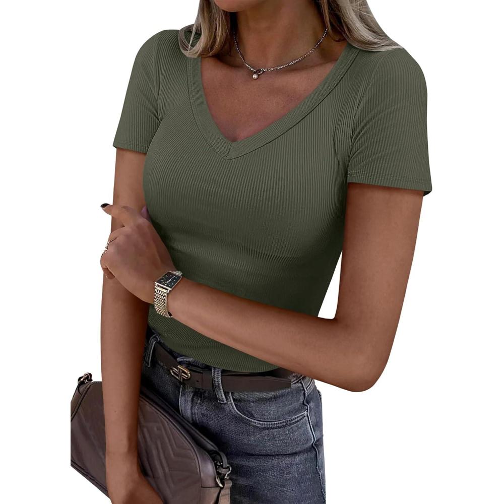 imageANRABESS Women Short Sleeve V Neck Ribbed Knit Fitted Shirts Basic Tees Tops 2025 Summer Casual TShirts Going Out OutfitsArmy Green