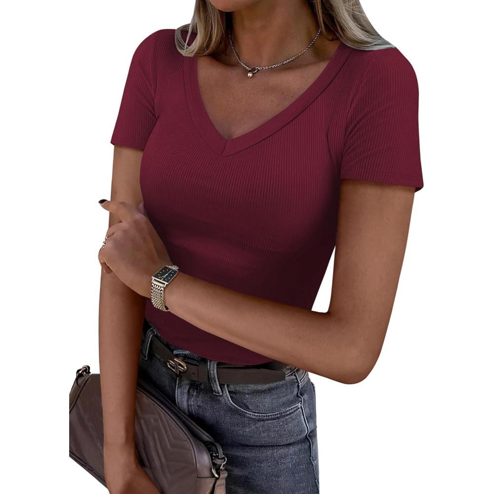 imageANRABESS Women Short Sleeve V Neck Ribbed Knit Fitted Shirts Basic Tees Tops 2025 Summer Casual TShirts Going Out OutfitsDeep Red