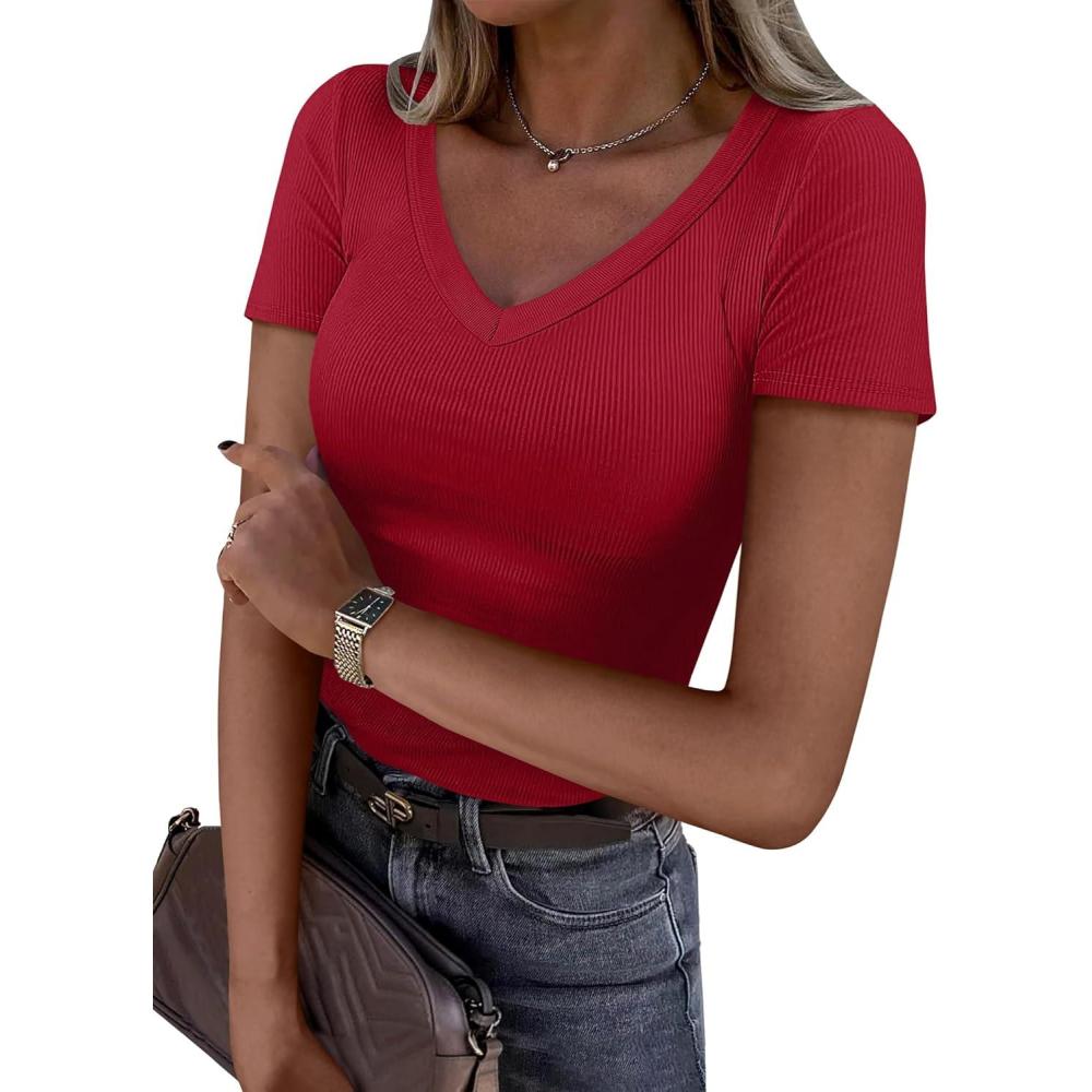 imageANRABESS Women Short Sleeve V Neck Ribbed Knit Fitted Shirts Basic Tees Tops 2025 Summer Casual TShirts Going Out OutfitsRed