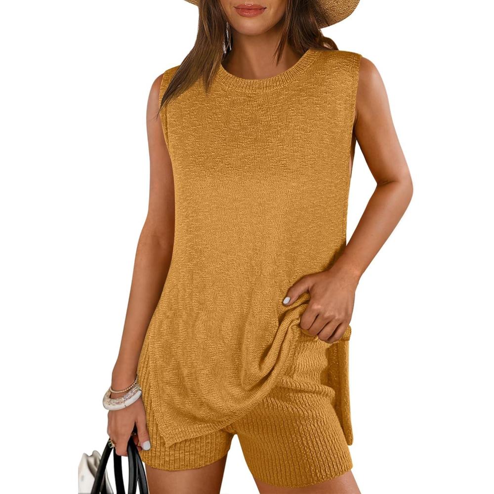 imageANRABESS Women Summer 2 Piece Outfits Sleeveless Knit Sweater Top ampamp Shorts Soft Lounge Sets Travel Beach 2025 Spring ClothesTurmeric