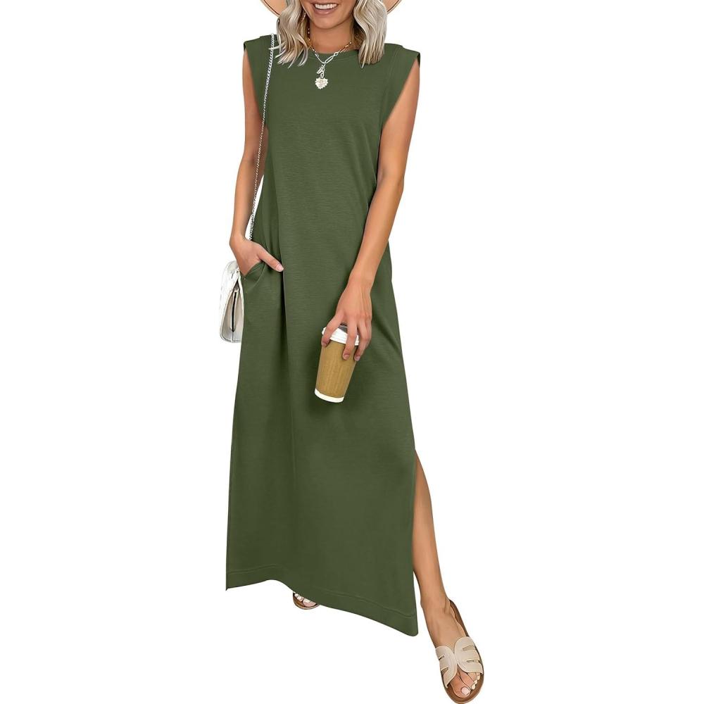 imageANRABESS Women Summer Casual Sleeveless Maxi Dress 2026 Crewneck Loose Split WrinkleFree Beach Travel Vacation Long SundressArmy Green