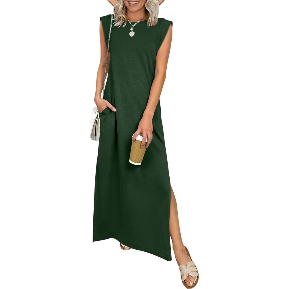 imageANRABESS Women Summer Casual Sleeveless Maxi Dress 2026 Crewneck Loose Split WrinkleFree Beach Travel Vacation Long SundressDeep Green