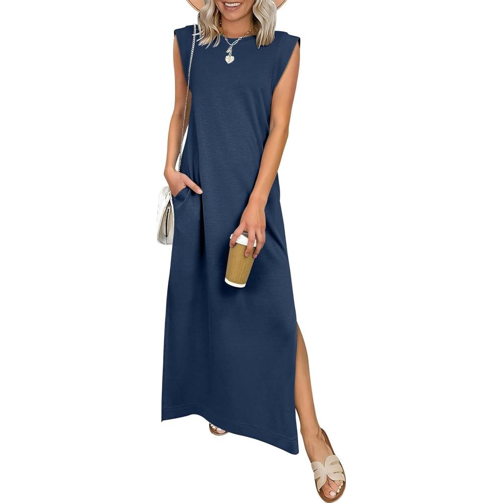 imageANRABESS Women Summer Casual Sleeveless Maxi Dress 2026 Crewneck Loose Split WrinkleFree Beach Travel Vacation Long SundressNavy Blue