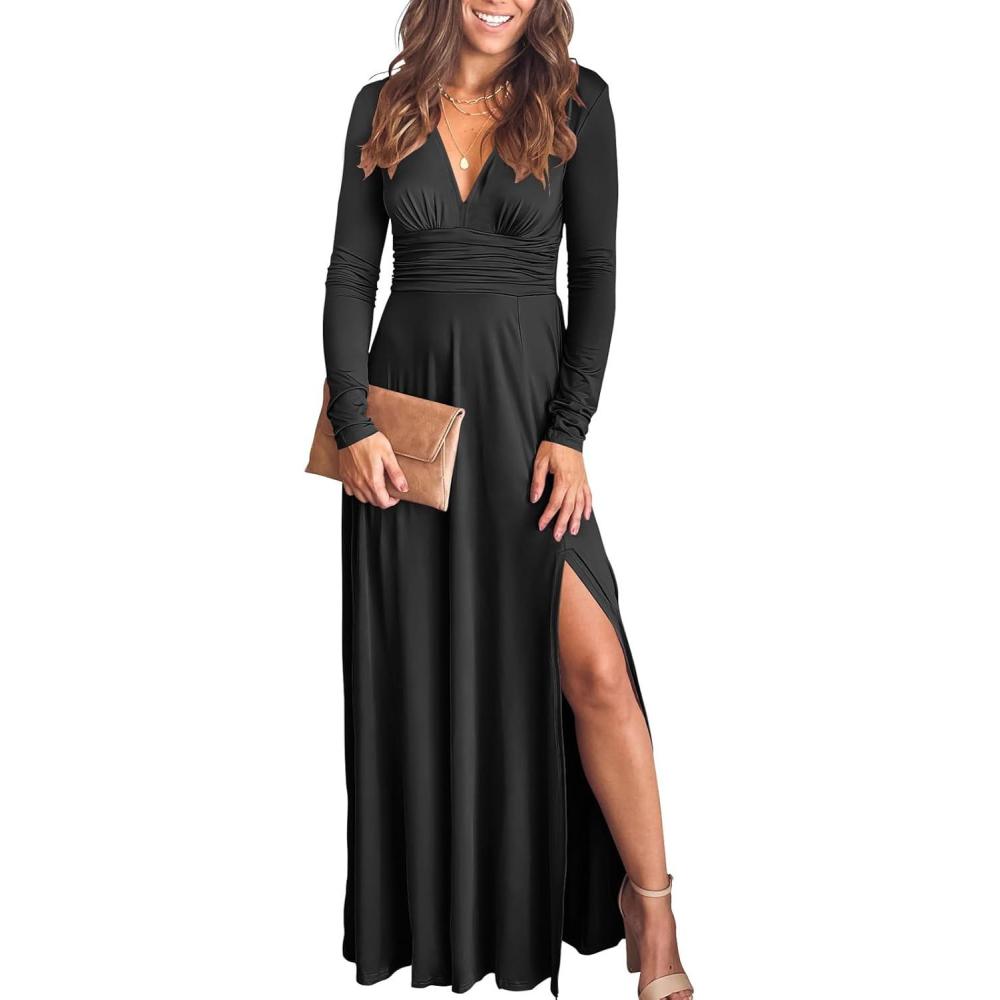 imageANRABESS Women Summer Deep V Neck Short Sleeve Dresses Slit Elegant Wedding Guest Formal Cocktail Evening Maxi Long DressLong Sleeve Black