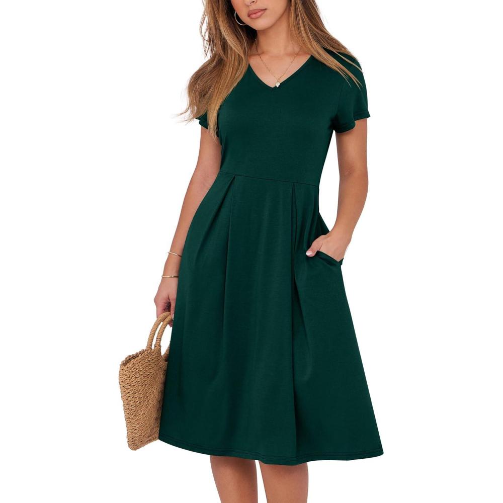 imageANRABESS Women Summer Dress Casual Short Sleeve V Neck ALine Knee Length Pleated Flowy 2025 Fashion Midi Dresses with PocketDark Green