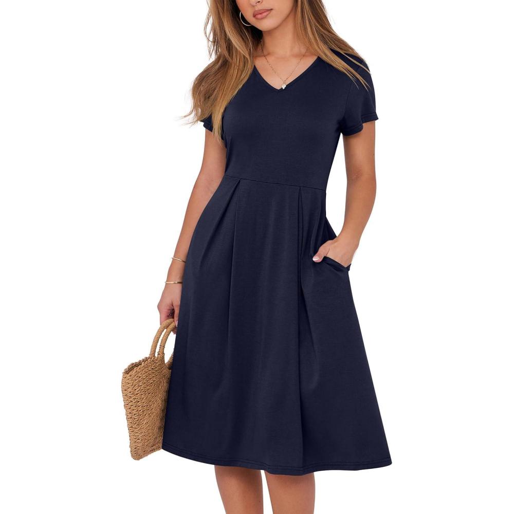 imageANRABESS Women Summer Dress Casual Short Sleeve V Neck ALine Knee Length Pleated Flowy 2025 Fashion Midi Dresses with PocketNavy Blue
