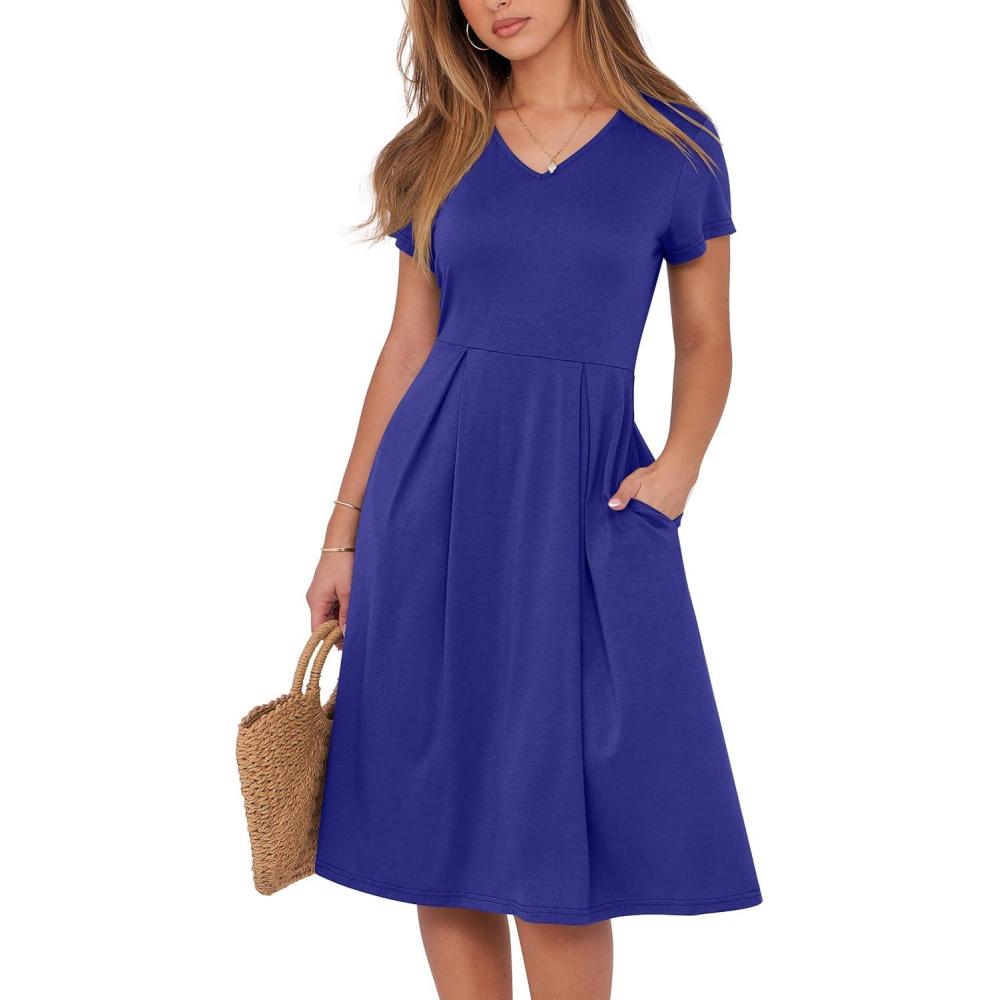 imageANRABESS Women Summer Dress Casual Short Sleeve V Neck ALine Knee Length Pleated Flowy 2025 Fashion Midi Dresses with PocketRoyal Blue