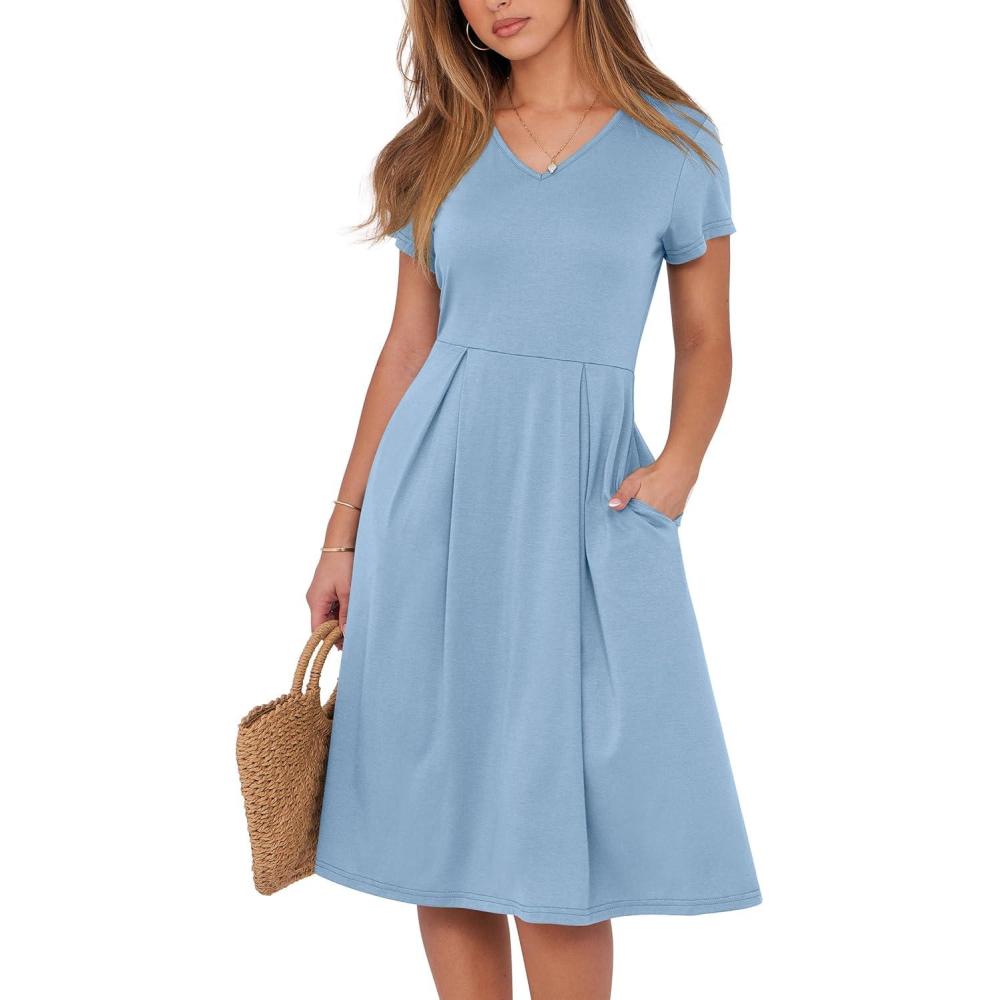 imageANRABESS Women Summer Dress Casual Short Sleeve V Neck ALine Knee Length Pleated Flowy 2025 Fashion Midi Dresses with PocketSky Blue