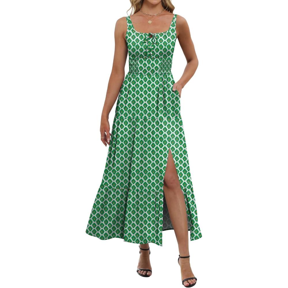 imageANRABESS Women Summer Maxi Dress 2025 Square Neck Sleeveless Casual Boho Floral High Waist Slit Travel Vacation SundressGreen Floral