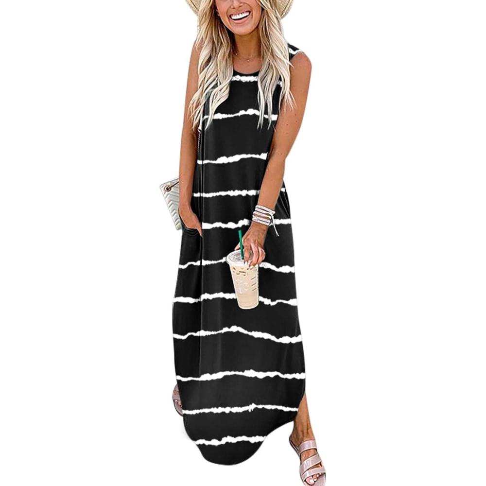 imageANRABESS Women Summer Maxi Dress Beach Vacation Sundress Sleeveless Casual Loose Shirt Dresses 2025 Travel OutfitsStripe Black White