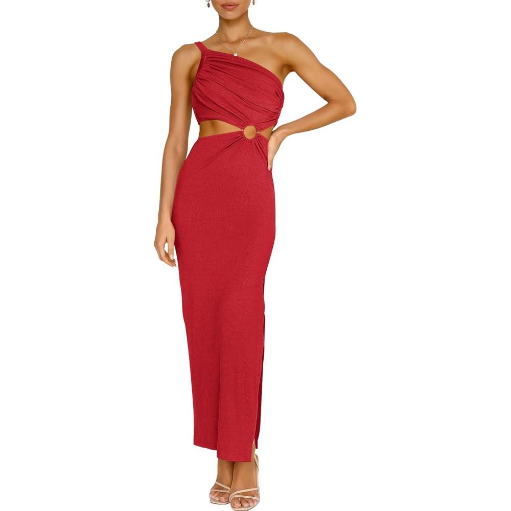 imageANRABESS Women Summer One Shoulder Sleeveless Maxi Dress Cutout Sexy Bodycon Semi Formal Dinner Date Vacation DressesRed