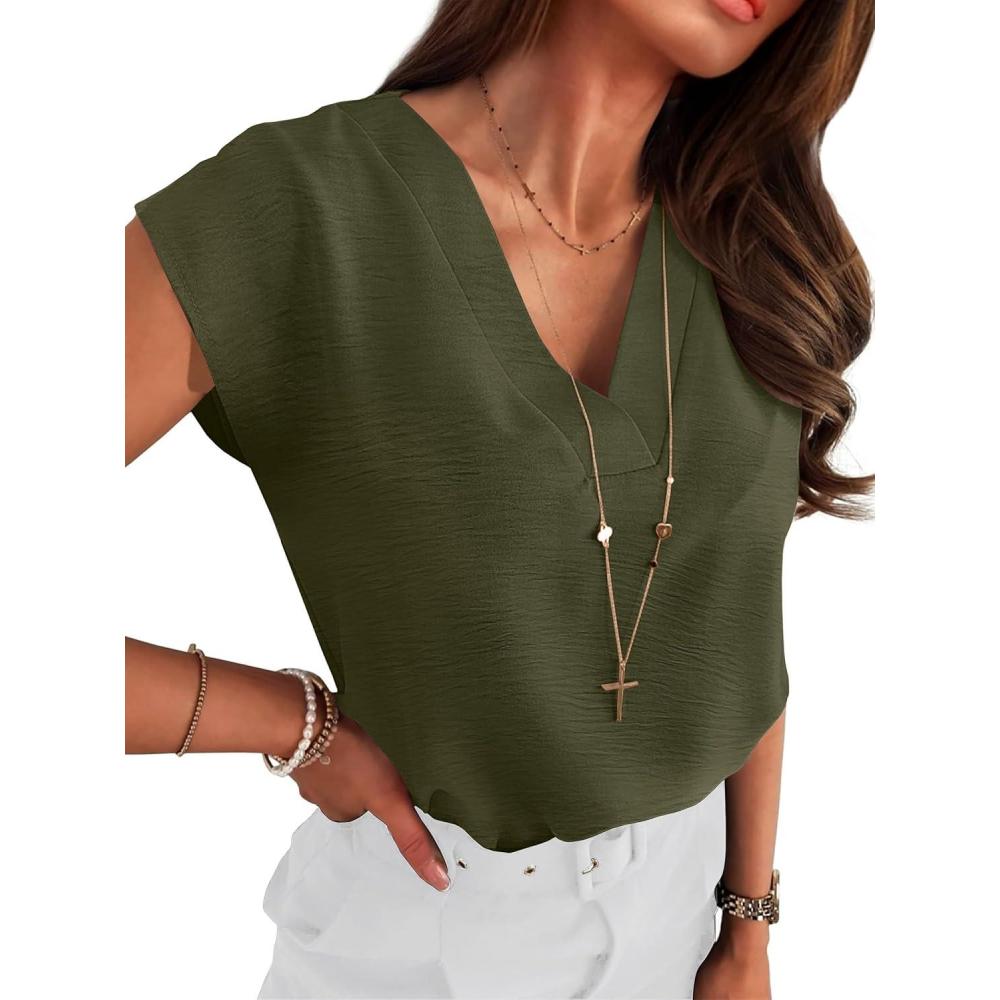 imageANRABESS Women Tops Cap Sleeve Textured Dressy Casual V Neck Shirts 2025 Summer Business Work Blouses OutfitsArmy Green