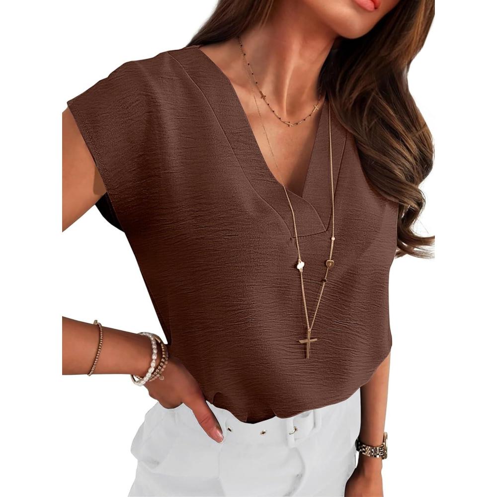 imageANRABESS Women Tops Cap Sleeve Textured Dressy Casual V Neck Shirts 2025 Summer Business Work Blouses OutfitsBrown